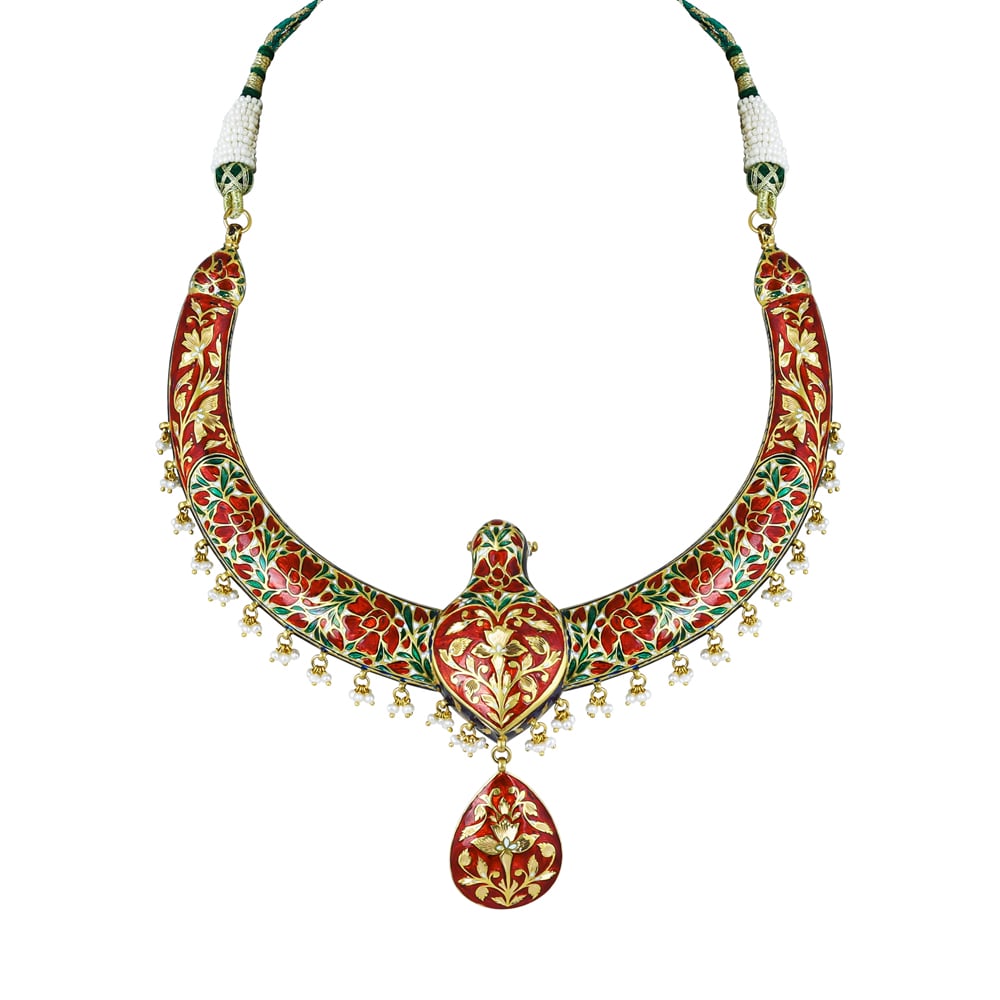 Peacock Motif Hasli Necklace with Polki and Enamel Detailing